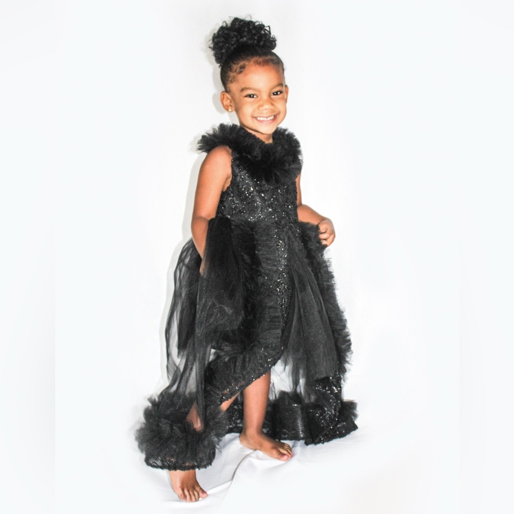 Couture High Low Train Black lace, feathers, sequined dress. 1 of 1 worn once.